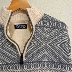Vtg Chaps Mens Quarter Zip Sweater Cream Grey Geometric Fair Isle Knit Medium